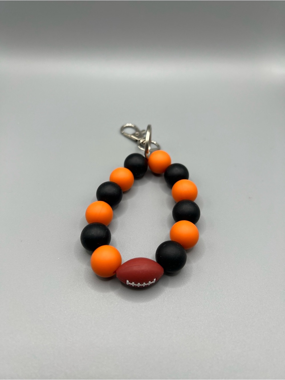Orange & Black Beaded Keychain Bracelet with Football Charm - Handmade - K0288C